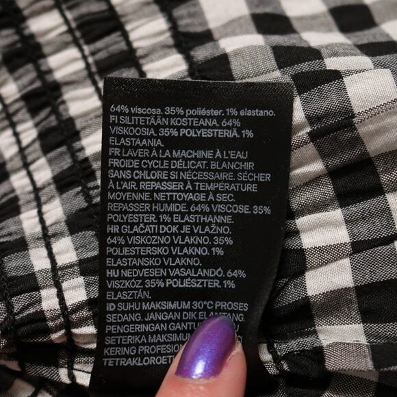 Gingham Smocked Waist Long Sleeve Blouse Black White Check H&M Top Size 14 - Picture 7 of 8